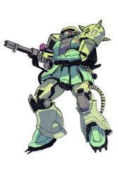 Rule 34 | cable, gun, gundam, highres, holding, holding gun, holding weapon, looking up, mecha, mobile suit, mobile suit gundam, no humans, one-eyed, red eyes, robot, science fiction, shoulder spikes, solo, spikes, the count of s, weapon, white background, zaku ii, zeon