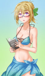 Rule 34 | 1girl, alternate costume, anti (untea9), bespectacled, bikini, blonde hair, blue bikini, blue sarong, book, braid, braided bangs, braided bun, breasts, cleavage, collarbone, glasses, gradient background, green background, hair bun, highres, holding, holding book, kantai collection, large breasts, light blush, long hair, looking at viewer, navel, open book, open mouth, perth (kancolle), purple eyes, sarong, solo, swimsuit