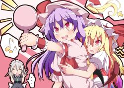 Rule 34 | ..., 3girls, alternate hair length, alternate hairstyle, arrow (projectile), blonde hair, blush, comb, closed eyes, fang, female focus, flandre scarlet, hair down, hand mirror, izayoi sakuya, kan lee, light purple hair, long hair, maid, mirror, multiple girls, musical note, open mouth, outstretched arm, purple hair, red eyes, remilia scarlet, rubber band, scissors, short hair, siblings, side ponytail, silver hair, sisters, smile, touhou, wince, wings, wrist cuffs