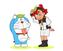 Rule 34 | 1boy, 1girl, ;p, asticassia school uniform, black footwear, blue eyes, blush stickers, boots, commentary request, crossover, doraemon, doraemon (character), forehead, fujiko f fujio (style), full body, gundam, gundam suisei no majo, hairband, highres, leaf, leaf on head, leaning forward, long hair, looking at viewer, low ponytail, one eye closed, parody, parted bangs, red hair, school uniform, short sleeves, shorts, sidelocks, simple background, standing, style parody, suletta mercury, thick eyebrows, tongue, tongue out, ueyama michirou, white background, white shorts