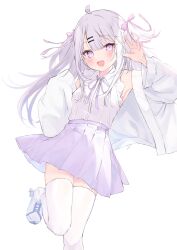 Rule 34 | 1girl, ahoge, blush, collared shirt, grey hair, hair ornament, hairclip, hakua aa, highres, jacket, long hair, looking at viewer, open clothes, original, pleated skirt, purple eyes, purple skirt, ribbon, shirt, shoes, simple background, skirt, sleeveless, sleeveless shirt, sleeves past wrists, smile, solo, standing, standing on one leg, thighhighs, white background, white footwear, white jacket, white shirt, white thighhighs