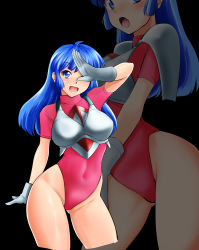 Rule 34 | 1girl, absurdres, black background, blue eyes, blue hair, burning force, commentary request, contrapposto, covering one eye, cowboy shot, cropped legs, gloves, highleg, highleg leotard, highres, leotard, long hair, multiple views, namco, nanao futaba, open mouth, pink leotard, short sleeves, tengenji hiromi, white gloves, zoom layer