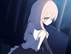 Rule 34 | 122pxsheol, 1girl, bare back, black dress, dress, expressionless, game cg, hair down, happy saint sheol, holding, holding clothes, horizontal pupils, looking back, maya elbeth, medium hair, night, non-web source, official art, orange eyes, pink hair, profile, solo, star (symbol), undressing, upper body