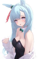 Rule 34 | 1girl, @ @, absurdres, alternate costume, animal ears, bare shoulders, black leotard, blue hair, bow, bowtie, braid, breasts, commentary request, crown braid, detached collar, green bow, green bowtie, highres, horse ears, horse girl, jacket, jacket partially removed, leotard, long hair, medium breasts, mejiro ardan (umamusume), noa0319, nontraditional playboy bunny, open mouth, simple background, smile, solo, strapless, strapless leotard, sweat, umamusume, upper body, white background
