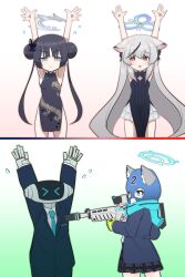 Rule 34 | 3girls, animal ear fluff, armpits, arms up, assault rifle, blue archive, china dress, chinese clothes, dress, formal, gun, highres, kisaki (blue archive), kokona (blue archive), multiple girls, noharaga4, rifle, shiroko (blue archive), sig sauer 556, standing, suit, turtleneck, turtleneck dress, weapon