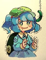Rule 34 | 1girl, :d, absurdres, backpack, bad id, bad pixiv id, bag, bait, blue eyes, blue hair, blue shirt, blue skirt, blush, commentary request, drooling, green hat, hat, highres, kawashiro nitori, long sleeves, marker (medium), open mouth, pickle, sasa kichi, shirt, skirt, smile, solo, standing, touhou, traditional media, trembling, twintails