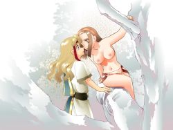 Rule 34 | 1boy, 1girl, arm support, armpits, bare legs, blonde hair, breasts, brown eyes, brown hair, commentary request, couple, daimaou k, eye contact, haevest, hairband, hanging from tree, hetero, imminent kiss, in tree, keira, loincloth, long hair, looking at another, navel, nipples, original, outdoors, patterned background, purple eyes, seshius, sesius, sitting, sitting in tree, topless, tree, white background, white day