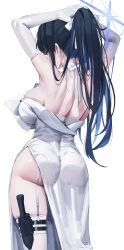 Rule 34 | 1girl, absurdres, adjusting hair, ass, bare shoulders, black hair, blue archive, blue hair, blue halo, breasts, closed eyes, colored inner hair, commentary, dress, elbow gloves, from behind, garter straps, gloves, gompang 11, hair ribbon, halo, highres, large breasts, long hair, multicolored hair, ponytail, ribbon, saori (blue archive), saori (dress) (blue archive), simple background, solo, thighhighs, two-tone hair, white background, white dress, white garter straps, white gloves, white ribbon, white thighhighs