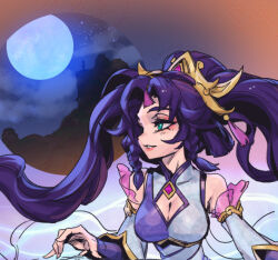 Rule 34 | 1girl, black hair, breasts, cleavage, detached sleeves, eyeshadow, full moon, green eyes, hair ornament, immortal journey sona, league of legends, long hair, long sleeves, looking to the side, makeup, medium breasts, moon, official alternate costume, official alternate hairstyle, parted bangs, parted lips, phantom ix row, smile, solo, sona (league of legends), upper body