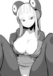 Rule 34 | 1girl, bodysuit, breasts, cleavage, electro emilia, greyscale, headgear, ken (koala), large breasts, long hair, looking at viewer, md5 mismatch, monochrome, original, panties, simple background, skin tight, smile, solo, underwear, white background