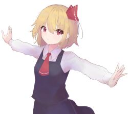 Rule 34 | 1girl, absurdres, ascot, black vest, blonde hair, closed mouth, collared shirt, commentary, commentary request, hair ribbon, highres, long sleeves, looking at viewer, matcha yado, outstretched arms, red ascot, red eyes, red ribbon, ribbon, rumia, shirt, short hair, simple background, solo, spread arms, touhou, upper body, vest, white background, white shirt
