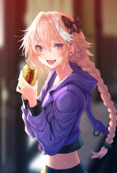 Rule 34 | 1boy, :d, astolfo (fate), astolfo (memories at trifas) (fate), black bow, blurry, blurry background, blush, bow, braid, burger, contemporary, cropped jacket, depth of field, fang, fate/apocrypha, fate (series), food, food bite, food on face, from side, hair between eyes, hair bow, hair intakes, holding, holding food, hood, hood down, hooded jacket, jacket, lloule, long hair, long sleeves, looking at viewer, looking to the side, male focus, midriff, multicolored hair, official alternate costume, open mouth, pink hair, purple eyes, purple jacket, sidelocks, single braid, smile, solo, standing, streaked hair, trap, white hair