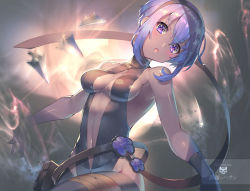 Rule 34 | 1girl, bare shoulders, black gloves, black legwear, blurry, breasts, dark-skinned female, dark skin, depth of field, fate/prototype, fate/prototype: fragments of blue and silver, fate (series), fingerless gloves, gloves, hair between eyes, hairband, hassan of serenity (fate), lips, looking at viewer, medium breasts, navel, open mouth, purple eyes, purple hair, short hair, solo, yoshimoto (dear life)