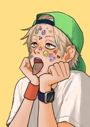 Rule 34 | 1boy, backwards hat, baseball cap, blonde hair, chainsaw man, commentary request, denji (chainsaw man), hat, head rest, heureoreo, korean commentary, male focus, orange eyes, sharp teeth, shirt, smartwatch, solo, sticker on face, t-shirt, teeth, tongue, tongue out, upper body, watch, wristband, wristwatch, yellow background