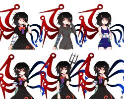 Rule 34 | 1girl, alphes (style), alternate costume, asymmetrical wings, black hair, blush, crossed arms, dress, female focus, hand on own hip, hand on own cheek, hand on own face, highres, holding, houjuu nue, kaoru (gensou yuugen-an), looking at viewer, one-piece swimsuit, one eye closed, parody, polearm, red eyes, ribbon, school swimsuit, short dress, short hair, short sleeves, smile, snake, style parody, sweater, swimsuit, touhou, trident, weapon, wings