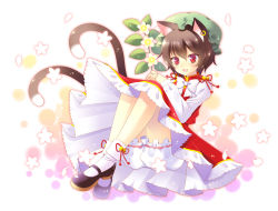 Rule 34 | 1girl, :d, animal ears, bad id, bad pixiv id, bell, bloomers, bow, brown hair, cat ears, cat girl, cat tail, chen, dress, earrings, fang, female focus, flower, hat, highres, jewelry, jingle bell, mary janes, mob cap, multiple tails, nanohana kohina, open mouth, red eyes, shoes, short hair, smile, solo, tail, touhou, underwear, upskirt