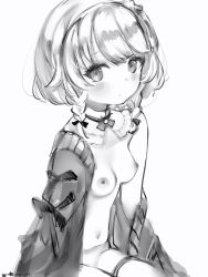 Rule 34 | 1girl, bad id, bad pixiv id, blush, braid, breasts, closed mouth, detached collar, greyscale, highres, jacket, looking at viewer, medium hair, monochrome, nanashi (nlo), navel, nipples, off shoulder, open clothes, open jacket, side braids, simple background, sitting, skycolor project, small breasts, solo, thigh strap, topless, usuwa suu, virtual youtuber, white background