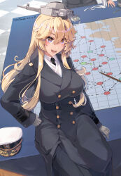Rule 34 | 2girls, alternate costume, artist name, black coat, black necktie, blonde hair, blue eyes, blush, breasts, buttons, coat, dated, double-breasted, epaulettes, gloves, grey gloves, hair between eyes, hat, headgear, highres, himeyamato, iowa (kancolle), kantai collection, large breasts, long hair, long sleeves, military, military uniform, multiple girls, musashi (kancolle), musashi kai ni (kancolle), necktie, on table, open mouth, peaked cap, photo (object), sidelocks, signature, sitting, sitting on table, smile, solo focus, star-shaped pupils, star (symbol), symbol-shaped pupils, table, uniform