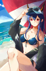 Rule 34 | 1girl, absurdres, aqua hat, arknights, arm up, bare shoulders, baseball cap, beach, bikini, blue bikini, breasts, ch&#039;en (arknights), ch&#039;en the holungday (arknights), closed mouth, collarbone, day, dragon girl, dragon horns, expressionless, green jacket, green pupils, grey hat, hair between eyes, hand on own head, harukan tiusu, hat, highres, horns, horns through headwear, jacket, jacket over swimsuit, knee up, long hair, long sleeves, looking at viewer, medium breasts, navel, ocean, off shoulder, official alternate costume, orange horns, outdoors, purple hair, red eyes, solo, sunglasses, sunlight, swimsuit, unfinished