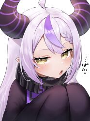 Rule 34 | 1girl, ahoge, blush, braid, collar, demon horns, fang, highres, hololive, horns, la+ darknesss, landl, metal collar, multicolored hair, open mouth, pointy ears, purple hair, side braid, sleeves past fingers, sleeves past wrists, slit pupils, solo, streaked hair, striped horns, upper body, virtual youtuber, yellow eyes