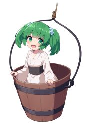 Rule 34 | 1girl, absurdres, blush, bucket, collarbone, green eyes, green hair, hair bobbles, hair ornament, highres, hiyaya (kochi michikaze), in bucket, in container, japanese clothes, kimono, kisume, long sleeves, obi, open mouth, sash, short hair, smile, solo, touhou, transparent background, two side up, white kimono, wide sleeves