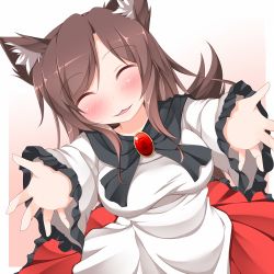 Rule 34 | 1girl, :3, animal ears, blush, breasts, brooch, brown hair, closed eyes, imaizumi kagerou, incoming hug, jewelry, large breasts, long hair, long sleeves, nikku (ra), open mouth, outstretched arms, smile, solo, tail, touhou, wolf ears, wolf tail