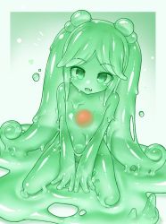 Rule 34 | 1girl, colored skin, curss, green eyes, green hair, green skin, heart, highres, kneeling, long hair, looking at viewer, monster girl, open mouth, slime girl, smile, solo, very long hair