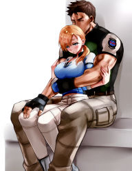 Rule 34 | 1boy, 1girl, blonde hair, blush, breasts, chris redfield, commentary request, facial hair, fingerless gloves, gloves, hug, hug from behind, jewelry, jill valentine, large breasts, long hair, looking at viewer, muscular, nagare, ponytail, resident evil, resident evil 5, sitting, stubble