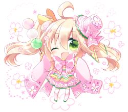 Rule 34 | 1girl, ;d, ahoge, blonde hair, blush, bow, cherry blossoms, chibi, commentary request, dango, floral background, floral print, food, full body, green eyes, green footwear, hair between eyes, hat, hat bow, holding, holding food, japanese clothes, kimono, long hair, long sleeves, looking at viewer, mini hat, mini top hat, one eye closed, open mouth, original, pink bow, pink hat, pink kimono, print kimono, sanshoku dango, shikito (yawa0w0), simple background, sleeves past wrists, smile, solo, thighhighs, tilted headwear, top hat, twintails, very long hair, wagashi, white background, white thighhighs, wide sleeves