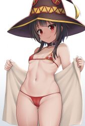 Rule 34 | 1girl, bare arms, bare legs, bare shoulders, bikini, black hair, breasts, closed mouth, collar, commentary request, covered erect nipples, cowboy shot, gluteal fold, hat, highres, hormone koijirou, kono subarashii sekai ni shukufuku wo!, looking at viewer, medium hair, megumin, micro bikini, navel, red bikini, red eyes, ribs, simple background, small breasts, smile, solo, standing, stomach, swimsuit, thigh gap, towel, white background, witch hat