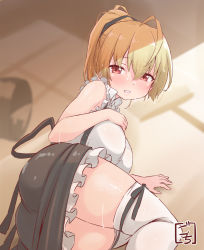 Rule 34 | 1girl, ahoge, andou tazusa, arm support, artist name, ass, assault lily, bare arms, bare shoulders, black ribbon, black skirt, blonde hair, blurry, blurry background, blush, breasts, bucket, collared shirt, commentary request, feet out of frame, frilled shirt, frilled skirt, frills, gochisousama (tanin050), hair between eyes, hair ribbon, hand on own chest, high ponytail, highres, indoors, large breasts, leg ribbon, looking at viewer, lying, miniskirt, mop, nose blush, on floor, on side, parted lips, ponytail, raised eyebrows, red eyes, ribbon, school uniform, shade, shirt, short hair, skirt, sleeveless, sleeveless shirt, solo, suspender skirt, suspenders, teeth, thighhighs, thighs, upper teeth only, water drop, wet, wet clothes, wet hair, wet shirt, white shirt, white thighhighs, yurigaoka girls academy school uniform