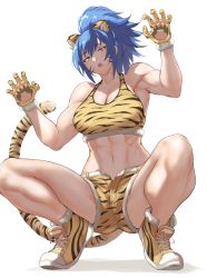 Rule 34 | 1girl, abs, anagumasan, animal ears, animal print, bare shoulders, biceps, blue eyes, blue hair, breasts, chinese zodiac, cleavage, collarbone, facial mark, fake animal ears, fake tail, female focus, full body, fur-trimmed footwear, fur-trimmed gloves, fur-trimmed shorts, fur trim, gloves, hair between eyes, highres, large breasts, leona heidern, looking at viewer, matching hair/eyes, midriff, muscular, muscular female, navel, open fly, open mouth, paw pose, ponytail, shadow, shoes, short shorts, shorts, sidelocks, simple background, sleeveless, sneakers, solo, sports bra, squatting, tail, teeth, the king of fighters, tiger ears, tiger print, tiger tail, upper teeth only, white background, year of the tiger, yellow footwear, yellow gloves, yellow shorts, yellow sports bra