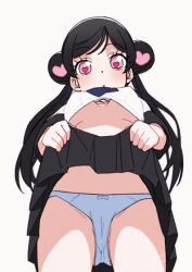 Rule 34 | 1girl, animated, animated gif, black hair, breasts, cameltoe, clothes lift, double bun, from below, hair bun, heart, heart-shaped pupils, lifting own clothes, long hair, looking at viewer, looking down, medium breasts, navel, original, panties, parted lips, pink eyes, seto tinami, shirt, short sleeves, simple background, skirt, skirt lift, solo, symbol-shaped pupils, twintails, underwear, white background, white panties, white shirt