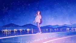 Rule 34 | 1girl, arm at side, artist name, black pants, brown eyes, brown hair, city lights, denim, full body, highres, instrument case, instrument on back, ivelovedsekaowa, jeans, lake, levee, long hair, long sleeves, looking to the side, mountainous horizon, nature, night, night sky, original, outdoors, pants, reflection, reflective water, road, road sign, scenery, shirt, sign, sky, solo, standing, star (sky), starry sky, torn clothes, torn pants, water, watermark, white shirt, wide shot, wispy bangs
