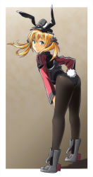 Rule 34 | 10s, 1girl, absurdres, adapted costume, alto-00, anchor hair ornament, animal ears, black pantyhose, blonde hair, brown background, fake animal ears, from behind, gradient background, green eyes, hair ornament, hat, highres, kantai collection, leaning forward, leotard, looking at viewer, low twintails, military, military uniform, pantyhose, peaked cap, playboy bunny, prinz eugen (kancolle), rabbit ears, rabbit tail, tail, twintails, uniform