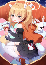 Rule 34 | 1girl, absurdres, alternate costume, blonde hair, blue archive, brown eyes, commentary request, desert, detached sleeves, hair ornament, halloween, highres, looking at viewer, mari (rodoney-kiara), medium hair, open mouth, parfait, solo, stuffed animal, stuffed rabbit, stuffed toy, thighhighs, white thighhighs, yoshimi (blue archive)