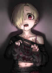 Rule 34 | 1girl, bare shoulders, black shirt, blonde hair, blood, blood from mouth, bra, claw pose, collarbone, ear piercing, earrings, fangs, hair over one eye, idolmaster, idolmaster cinderella girls, jewelry, lif (lif &amp; ref), long sleeves, looking at viewer, nail polish, navel, off-shoulder shirt, off shoulder, open mouth, piercing, purple nails, red eyes, shirasaka koume, shirt, short hair, solo, stud earrings, teeth, torn clothes, torn shirt, underwear, upper body