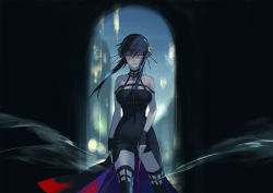 Rule 34 | 1girl, bare shoulders, black dress, blood, bloody weapon, blurry, blurry background, breasts, covered navel, dagger, dress, glowing, glowing eyes, gold hairband, hairband, highres, holding, holding dagger, holding knife, holding weapon, knife, large breasts, looking at viewer, red eyes, serious, short dress, short hair with long locks, sleeveless, solo, spy x family, stiletto (weapon), suzuki rika, thighhighs, two-sided fabric, weapon, white hairband, yor briar, zettai ryouiki