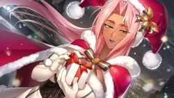 Rule 34 | 1girl, action taimanin, arms under breasts, blush, box, breasts, cape, christmas, city lights, cityscape, cleavage, corset, dark-skinned female, dark skin, dress, elbow gloves, female focus, fur-trimmed cape, fur-trimmed gloves, fur-trimmed headwear, fur trim, game cg, gift, gift box, gloves, hair intakes, hat, highres, ingrid (taimanin asagi), ingrid (taimanin murasaki), kagami hirotaka, large breasts, long hair, looking at viewer, mole, mole under mouth, pink hair, purple lips, red cape, santa hat, smile, snowing, solo, taimanin (series), taimanin asagi, thick eyebrows, white dress, yellow eyes