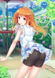Rule 34 | 1boy, ass, babydoll, bad id, bad pixiv id, bare shoulders, bike shorts, blush, bug, butterfly, butterfly hair ornament, dress, fingernails, hair ornament, insect, jewelry, long fingernails, long hair, looking at viewer, looking back, male focus, natsusora wakana, novady, orange eyes, orange hair, original, ring, sharp fingernails, shiny clothes, shiny skin, skirt, smile, solo, trap