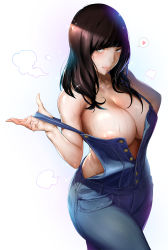 Rule 34 | 1girl, absurdres, areola slip, bad id, bad pixiv id, blush, breasts, brown eyes, brown hair, cleavage, closed mouth, colored skin, cowboy shot, gradient background, has bad revision, has downscaled revision, heart, highres, ikuchan kaoru, kyonyuu-chan (iku), large breasts, long hair, looking at viewer, matching hair/eyes, md5 mismatch, multicolored skin, naked overalls, no bra, original, overalls, pulling own clothes, resolution mismatch, simple background, smile, solo, source smaller, sparkle, spoken heart, standing, steam, strap pull, sweat, veins, veiny breasts, white background