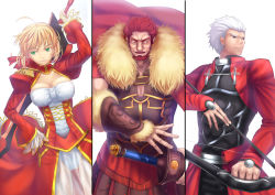 Rule 34 | 10s, 1girl, 2boys, aestus estus, ahoge, archer (fate), armor, bad id, bad pixiv id, beard, blonde hair, bow (weapon), breasts, cape, cleavage, color connection, dark-skinned male, dark skin, dress, epaulettes, facial hair, fate/extra, fate/stay night, fate/zero, fate (series), green eyes, hair ribbon, highres, iskandar (fate), large breasts, multiple boys, nero claudius (fate), nero claudius (fate) (all), nero claudius (fate/extra), panties, red eyes, red hair, red theme, ribbon, see-through, short hair, sword, tsukikanade, type-moon, underwear, weapon, white hair