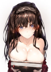 Rule 34 | 10s, 1girl, absurdres, bad id, bad pixiv id, bare shoulders, blue eyes, book, breast press, breasts, brown hair, cleavage, collarbone, hairband, highres, hplay, idolmaster, idolmaster cinderella girls, large breasts, light smile, long hair, looking at viewer, revision, sagisawa fumika, shiny skin, simple background, smile, solo, white background