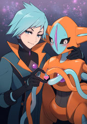 Rule 34 | 1boy, 1other, arm around neck, black bodysuit, black gloves, black sclera, blue eyes, blue hair, blue jacket, blue skin, blush, bodysuit, bodysuit under clothes, closed mouth, colored sclera, colored skin, constricted pupils, cowboy shot, creatures (company), deoxys, deoxys (normal), game freak, gem, gen 3 pokemon, gloves, gradient background, half-closed eyes, hand on another&#039;s shoulder, hand up, happy, heart, heart hands, heart hands duo, high collar, highres, interspecies, jacket, looking at viewer, maki (letusgomaki), matching hair/eyes, multicolored skin, mythical pokemon, nervous, nintendo, no mouth, orange skin, pokemon, pokemon (creature), pokemon masters ex, purple gemstone, revision, short hair, sidelocks, smile, standing, star (symbol), steven stone, steven stone (sygna suit), sweat, tentacles, two-tone skin, upper body, v-shaped eyebrows, white eyes