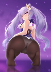 Rule 34 | 1girl, absurdres, ass, bare shoulders, blush, breasts, cameltoe, dress, embarrassed, from behind, from below, genshin impact, hair ornament, highres, huge ass, john zerowb, keqing (genshin impact), long hair, looking at viewer, looking back, medium breasts, open mouth, panties, panties under pantyhose, pantyhose, parted lips, purple dress, purple eyes, purple hair, sideboob, skirt, solo, squatting, twintails, underwear, upskirt, very long hair, vision (genshin impact), white panties