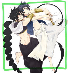 2boys aladdin_(magi) bad_id bad_pixiv_id baggy_pants barefoot black_hair blue_hair braid feet flute grin hug hug_from_behind instrument jewelry judal long_hair magi_the_labyrinth_of_magic male_focus midriff multiple_boys pants red_eyes simekirikowai single_braid smile very_long_hair vest