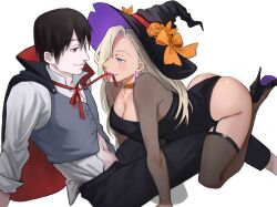 Rule 34 | 1boy, 1girl, absurdres, belt collar, black eyes, black footwear, black hair, black headwear, black leotard, blonde hair, blue eyes, boruto: naruto next generations, breasts, cleavage, collared shirt, commentary, earrings, english commentary, flower, hair over one eye, halloween, halloween costume, hat, hetero, high heels, highres, husband and wife, jewelry, jitome, large breasts, leotard, lipstick, long hair, long sleeves, looking at another, makeup, mature female, mature male, naruto (series), navel, orange flower, orange ribbon, orange rose, pale skin, pink lips, ribbon, rose, sai (naruto), see-through, see-through sleeves, shirt, short hair, simple background, smile, vampire costume, white background, witch hat, xmonday mintx, yamanaka ino