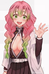 Rule 34 | 1girl, belt, black skirt, blush, braid, breasts, cleavage, coat, cowboy shot, easy-0426, gradient hair, green eyes, green hair, grey background, hair between eyes, haori, highres, japanese clothes, kanroji mitsuri, kimetsu no yaiba, long hair, long sleeves, looking at viewer, medium breasts, mole, mole under eye, multicolored hair, open mouth, partially unbuttoned, pink hair, pleated skirt, simple background, skirt, smile, solo, twitter username, two-tone background, two-tone hair, uniform, waving, white background, wide sleeves