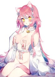 Rule 34 | 1girl, absurdres, animal ears, bell, breasts, cat ears, cat tail, chiyomaru (yumichiyo0606), hair ornament, highres, jingle bell, kneeling, long hair, looking at viewer, medium breasts, open clothes, original, pink hair, simple background, solo, tail, talisman, white background, yellow eyes