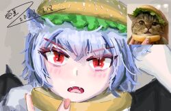 Rule 34 | 1girl, absurdres, animal, animal ears, bat wings, blue hair, blush, bread bun, cat, cat ears, dated, fangs, highres, kemonomimi mode, looking at viewer, open mouth, photo inset, portrait, red eyes, reference inset, remilia scarlet, salad, short hair, signature, slit pupils, touhou, v-shaped eyebrows, wings, woshijuezhu